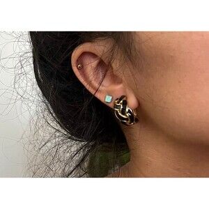 Vtg 80s gold tone braided hoop clip on earrings classic black‎ pretty minimalist